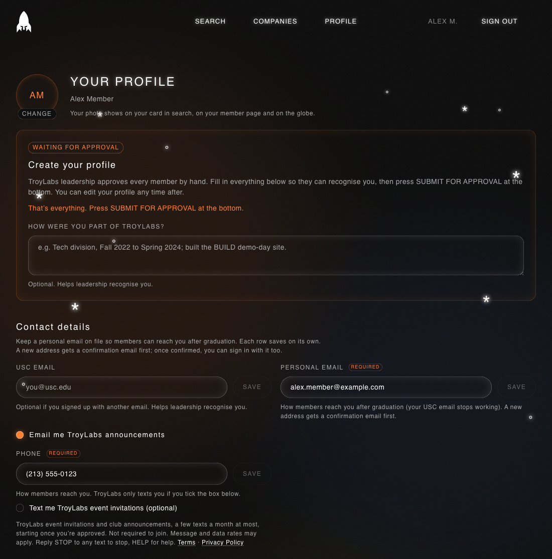 The phone field on the TL Alumni Network profile, with the unticked optional box 'Text me TroyLabs event invitations' and its disclosure
